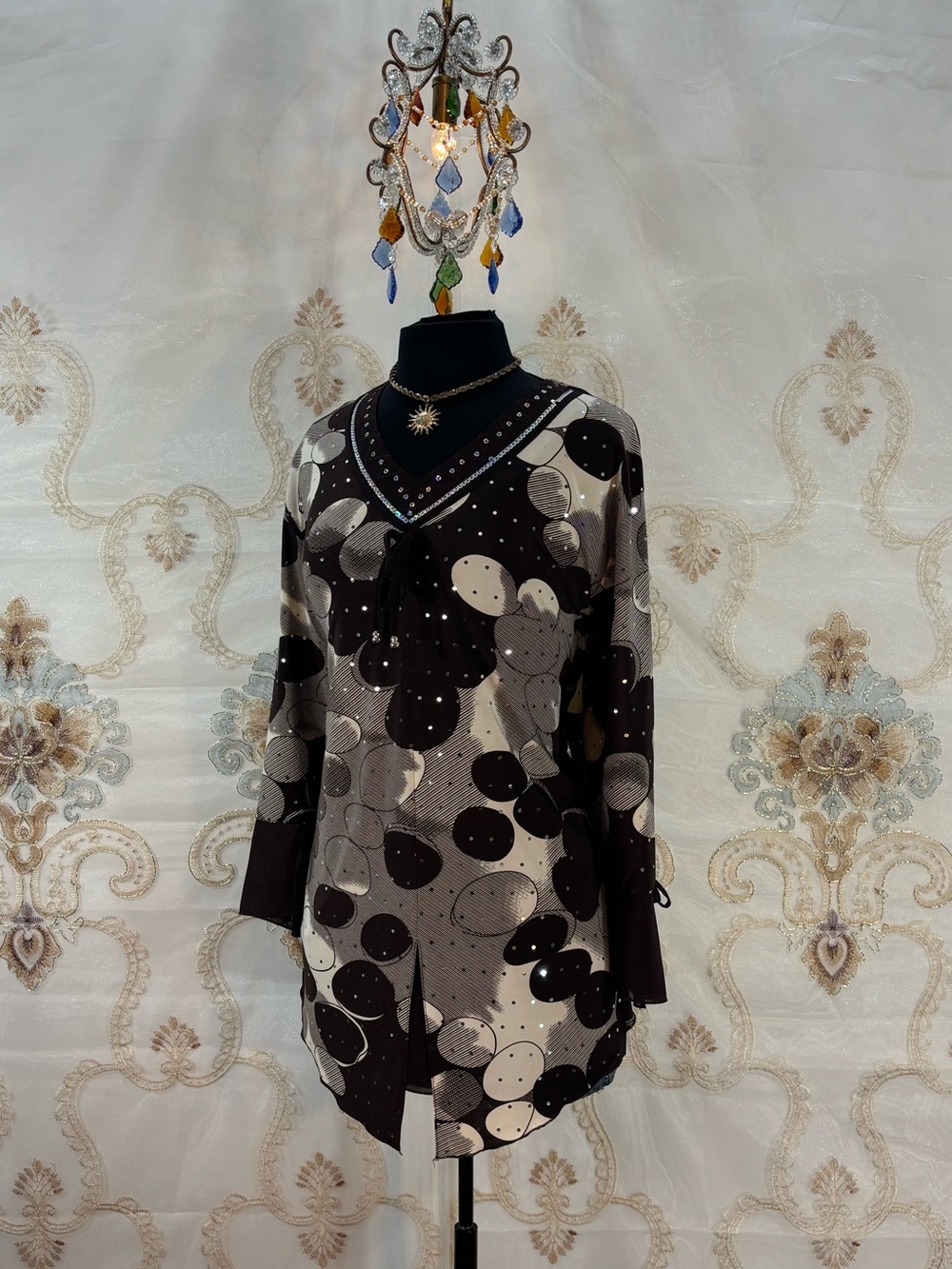 ✨Vintage Y2K Bohemian Brown & Cream Polkadot Sequins Bell Sleeve Blouse✨
